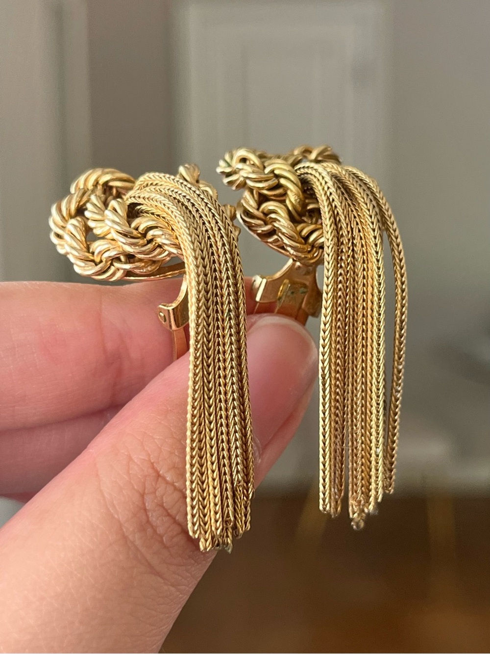 SOLD Authentic Vintage Dior 40s Braided Knot Tassel Drop Long Gold Clip Earrings - Picture 2 of 6